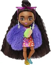 Barbie Extra Minis Doll #1 (5.5 in) Wearing Sprinkle-Printed Dress & Furry Coat, with Doll Stand Including Micro Sunglasses and Waist Bag, Kids 3 Years Old & Up​, Hgp63 - Multicolour (HGP63)