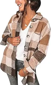 [ZICUE] Women Plaid Casual Shirt Long Sleeve Lapel Collar Tops Button Down Color Block Blouse with Pocket