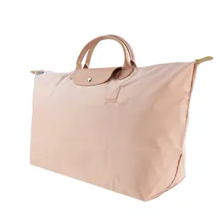 LONGCHAMP LE PLIAGE GREEN系列刺繡短把再生尼龍摺疊旅行袋(大/花粉)