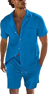 [HanzhuoLG] Men's Tracksuit Set Summer Solid Color Thin Corduroy Short Sleeve Shirt & Drawstring Shorts Two Piece Set Medium Blue