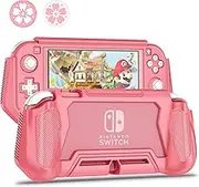 Switch Lite Case Protective Case for Nintendo Switch Lite, Case Compatible with Nintendo Switch Lite Hand Grip Case with Detachable TPU+Built-in PC Screen Protector & 2 x Thumb Grip Caps(Coral）