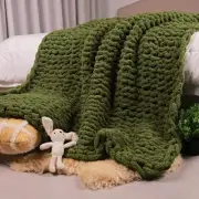 Chunky Knit Throw Blanket 100% Hand Made Large Chenille 50" X 60" Olive Green