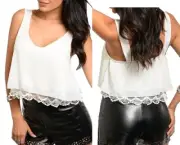Ivory Scalloped Mesh Lace Trim Sleeveless Chiffon Overlay Cropped Tank Top