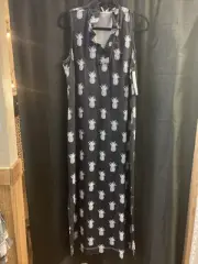 Lulu b Long Sundress Ruffled Collar BlackW/White Pineapples UPF50* Large