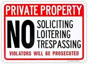 Enjoyist Private Property - No Soliciting No Loitering No Trespassing, Violators Prosecuted Sign, 14"x 10" .04" Aluminum Sign Rust Free Aluminum-UV Protected and Weatherproof