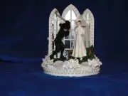 New Vintage Bridal Couple Golfers, Chapel Church Mirror Windows Caketop #191