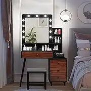 LEVEDE American Vintage Vanity Desk 3 in 1 with Mirror and Stool, Wooden Vintage Dressing Table Set with Shelves Drawers, 3 Colors LED Bulbs Makeup Table Bedroom,Dressing Room, for Women Girls(Black)