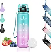 Children's Drinking Bottle, 500 ml Water Bottle with Time Marking, Leak-Proof, Can Be Carried, Girls' Drinking Bottle for School, Travel, Camping, Office, Running, Green/Pink