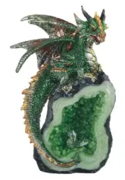 GREEN CRYSTAL DRAGON II Green Dragon on Crystal Geode Statue H8.25"