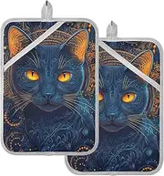 Large Pot Holder Heat Resistant Cat with Yellow Eyes Boho Style Potholders for Kitchens with Pocket Hot Pan Holder Oven Mitts 2 Pack