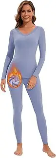 [WOWENY] Womens Thermal Underwear Set Ultra Soft V Neck With Lace Long Johns Sleeved Top Base Layer Warm Tops & Bottoms for Skiing Sport Yoga,