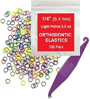 1/4 Inch Orthodontic Elastic Bands - 100 Pack, Neon, Light Force 2.5 oz - Teeth Gap Fixer and Dreadlock Bands - 1 Elastic Placer Included