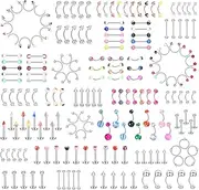 [Kakonia] 185pcs Body Piercing Jewelry for Women Men Tongue Nipple Rings Eyebrow Lip Belly Button Barbell Nose Piercing Tragus Navel Barbells 14g-18g