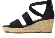 Eileen Fisher 8.5 Cloud Black TUmbled Leather Wedge Espadrilles Sandals NEW