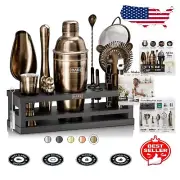 Complete 16-Piece Home Bartending Kit with Bamboo Organizer & Cocktail Recipes