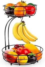 Auledio Iron 2-Tier Countertop Fruit Vegetables Basket Bowl Storage with Banana Hanger, Black, 64 Ounces