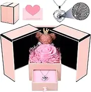 Ninonly Preserved Rose Moss Bear Gift, Eternal Flowers Rose with I Love You in 100 Necklace Languages Gifts Set for Mom, Wife, Girlfriend on Mother's Day, Christmas, Birthdays, Valentine's Day