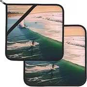 2 Pack Pot Holders for Kitchen Heat Resistant Potholders Beach Surf Pot Holders Set Washable Hot Pads with Loop Non Slip Potholders for Cooking Baking BBQ Microwave 8 x 8 Inch