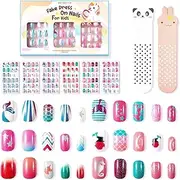 Modelones 144Pcs 6 Pack Press on Nails for Kids Children Acrylic Fake Nails Pre-glue Full Cover Glitter Gradient Color Mermaid Beach Short False Nail Art Kits Sets Valentines Day Gifts for Kids Girls
