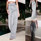 Women Shiny Wide Leg Pants Sparkly Sequin High Waisted Bell Bottom Flare Pants