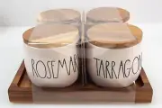 Rae Dunn 5 Piece Spice Jar Set Wooden Lids/Tray Thyme Basil Rosemary Tarragon