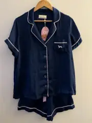 Peter Alexander Womens Navy Chic Satin PJ Set Size Medium RRP$129.00