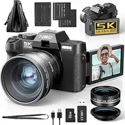 NBD 5K Digital Camera, 48MP, Wi-Fi & App Control, 16X Zoom, Autofocus, Anti-Shake, 180° Flip Screen, Macro & Wide-Angle Lenses, Webcam Function, Includes 32GB SD Card & 2 Batteries(Black)
