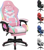 ALFORDSON Gaming Office Chair with 12 RGB LED Lights & 8 Point Massage, Racing Computer Chair with Lumbar Support & Retractable Footrest, Ergonomic Desk Chair with PU Leather Seat Office Gamer (Pink)