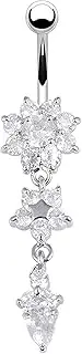 [TinyStudio] Elegant Crystal Flower Dangle Belly Button Ring - Surgical Stainless Steel, 14 Gauge, 54mm Length