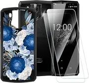 ESACMOT Blue Flowers Pattern Case Compatible with Oukitel K10 + [2 Pack] Screen Protector Tempered Glass, Shockproof Case Cover for Oukitel K10 (6 inch)