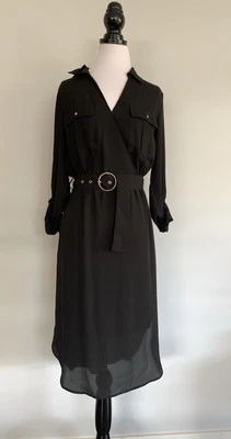 Portmans BNWT Black Poly Chiffon Midi Length Belted Shirt Dress Black Size 10