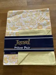 Vintage Joysel 1970’s Cotton Retro Pair Yellow Floral Pillowcases 19” x 28.5”