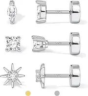 [Kakonia] Hypoallergenic Flat Back Earrings for Women | 14K Gold Plated Sterling Silver Post Stud | Cartilage Helix Conch Tragus Piercing Jewelry 3 Pairs Tiny Screw Dainty CZ Opal Earring Set Men