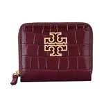 TORY BURCH BRITTEN 金字簍空大T LOGO鱷魚紋牛皮4卡釦式拉鍊短夾(葡萄酒紅)