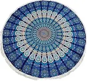 Round Beach Tapestry Mandala Boho Hippie Blanket Indian Cotton Bohemian Large Table Cloth Home Decor Yoga Mat Meditation Picnic Rug Throw Hippy Boho Gypsy Tablecloth Roundie (42 Inches, Blue)