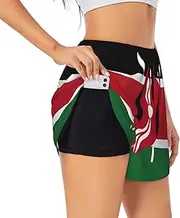 [GaxfjRu] Flag of Kenya Print Women's Running Shorts High Waisted Running Shorts Pocket Sporty Gym Elastic Short, Black, XXL