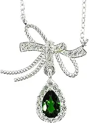 Natural Russian Emerald Diopside Teardrop Necklace, Pear Cut Solitaire Gemstone, Sterling Silver/18ct White Gold, Razzberry Custom Design with Velvet Gift Box