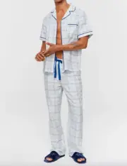 NEW PETER ALEXANDER MENS BLUE CHECK TOP + PANTS COTTON SATEEN PJ SET M RRP$169.9