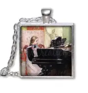 Carl Larsson's Playing Scales - Handmade SQUARE Glass Pendant Necklace