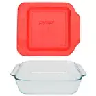 Pyrex (1) 222 2qt Glass Baking Dish & (1) 222-PC Red Food Storage Lid