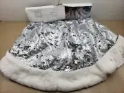 34th & Pine 45" Faux Fur Tree Skirt Christmas, Gray Sequin Skirt White Fur Trim