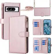 [Cavor] for Google Pixel 8 Pro Case 6.7 inch PU Leather Folio Flip Wallet Back Cover Magnetic Case with Long Shoulder Lanyard Zipper Coin Purse 9 Card Holder Kickstand Wristlet Strap-Rose