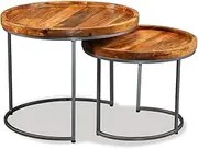 Industrial-Style Console Table Set, 2 Pieces Handmade Wooden Side Table Set, Round Coffee Table Set, End Table Furniture Set for Living Room Bedroom
