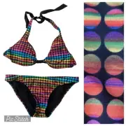 Fox Volcom Bikini Set Reversible Halter Top & Bottom Rainbow Polka Dot XS New