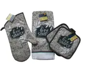 4 Piece Kitchen Set Gray White Oven Mitt Dish Towel Potholders "Live Simply"