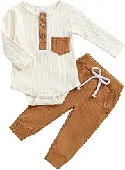 [fhutpw] Baby Boy Clothes 3 6 12 18 Months Ribbed Knitted Long Sleeve Romper and Pants Sets Newborn Fall Splicing Color Outfits