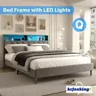 Queen Size Bed Frame Platform Mattress Base Storage Headboard with LED Light