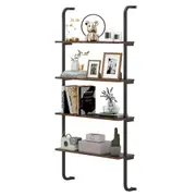 Costway 4-Tier Wall Mounted Bookshelf Wood Floating Shelves w/Metal Frame Display Bookcase Rustic Brown