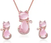 925 Sterling Silver Cat Pendant Pink Opal CZ Necklace Stud Earrings Set Gift A3