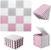Tamiplay 16 Tiles Kids Baby Play Mat, 0.4 Inch Thick Foam Interlocking Floor Mats, Soft Eva Foam Play Mat, Colorful Puzzle Play Mat Exercise Mats for Toddler with Storage Bag(White/Light Gray/Pink)